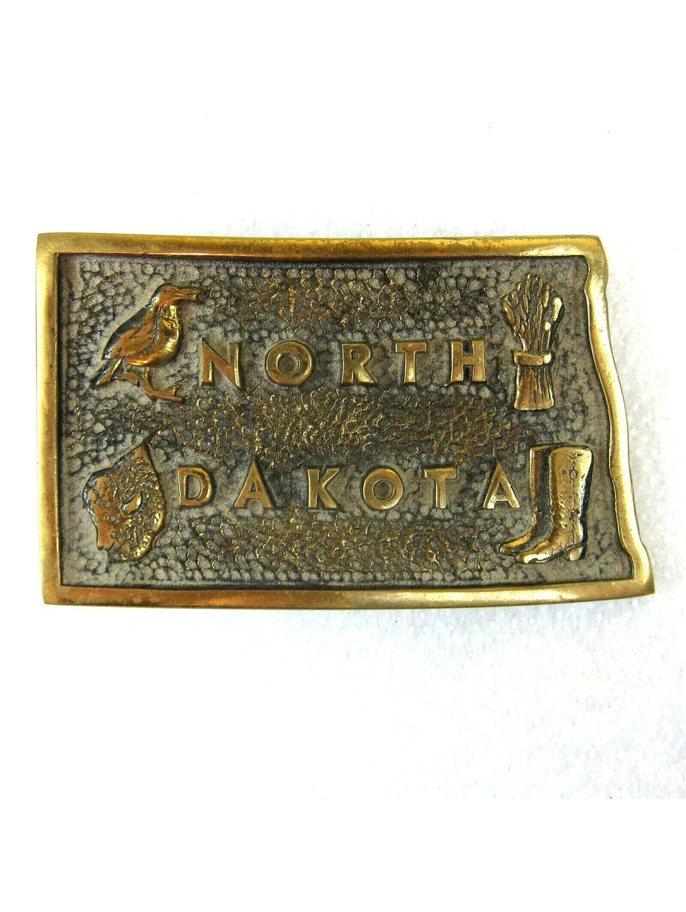 Vintage North Dakota Belt Buckle Solid Brass Shape State Bird Bison Buffalo RARE